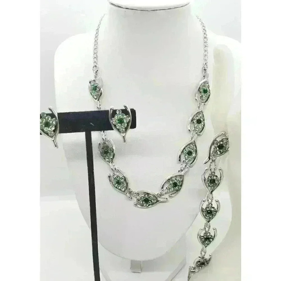 Vintage good luck Necklace Bracelet Earrings Set Silver Wishbone Rhinestone - Picture 2 of 11